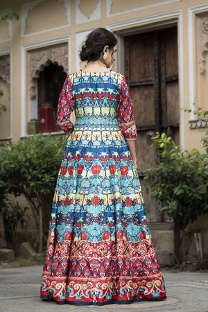 Blue Printed Silk Gown (ACA6941)
