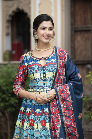 Blue Printed Silk Gown (ACA6941)