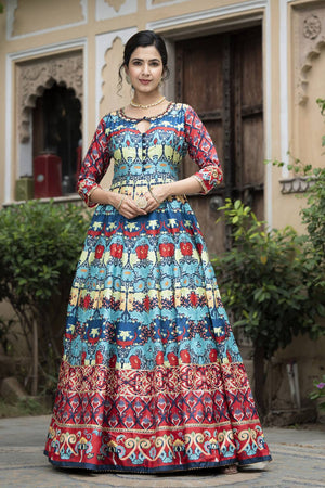 Blue Printed Silk Gown (ACA6941)