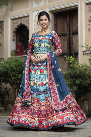 Blue Printed Silk Gown (ACA6941)