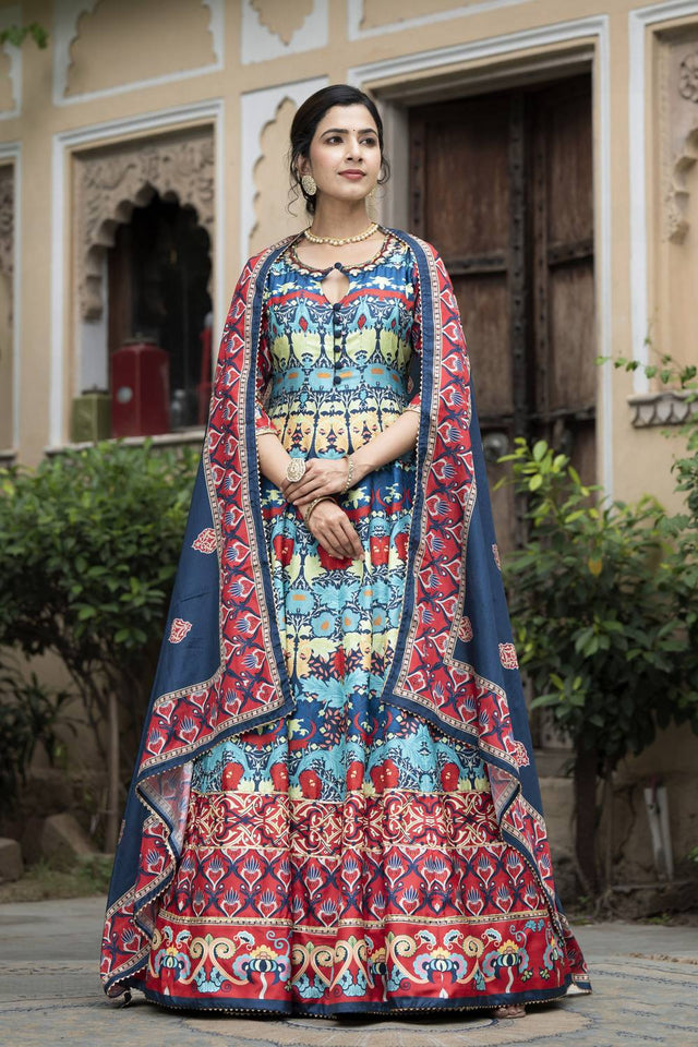 Blue Printed Silk Gown (ACA6941)