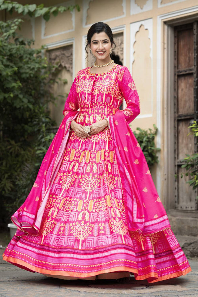 Pink Printed Silk Gown (ACA6942)