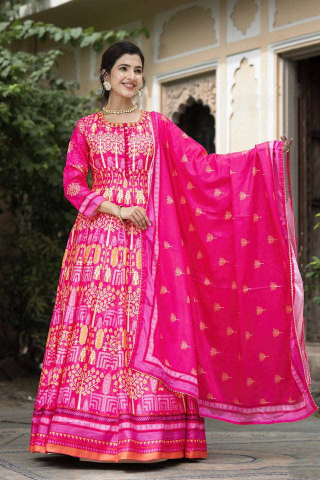 Pink Printed Silk Gown (ACA6942)