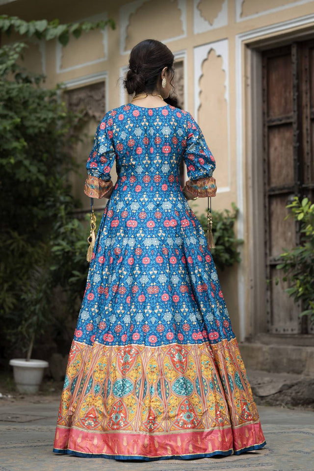 Blue Printed Silk Gown (ACA6943)