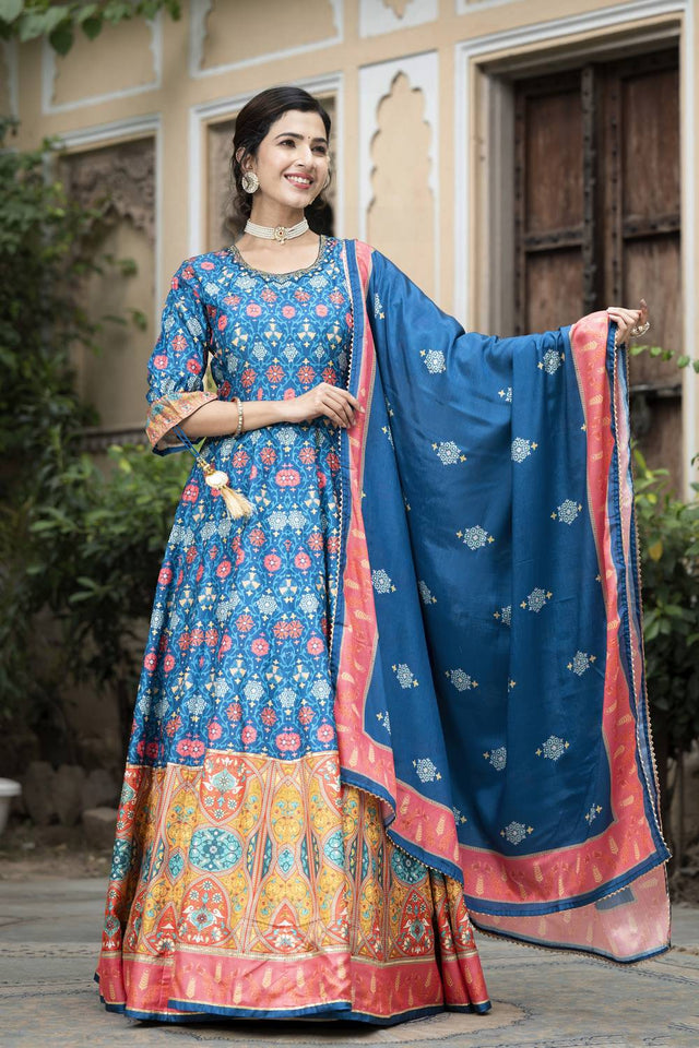 Blue Printed Silk Gown (ACA6943)