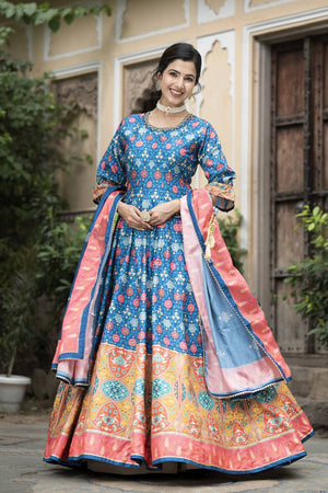 Blue Printed Silk Gown (ACA6943)