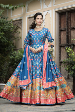 Blue Printed Silk Gown (ACA6943)
