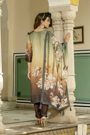 Green Floral Printed Silk Kurti Pant Set (ACA6944)