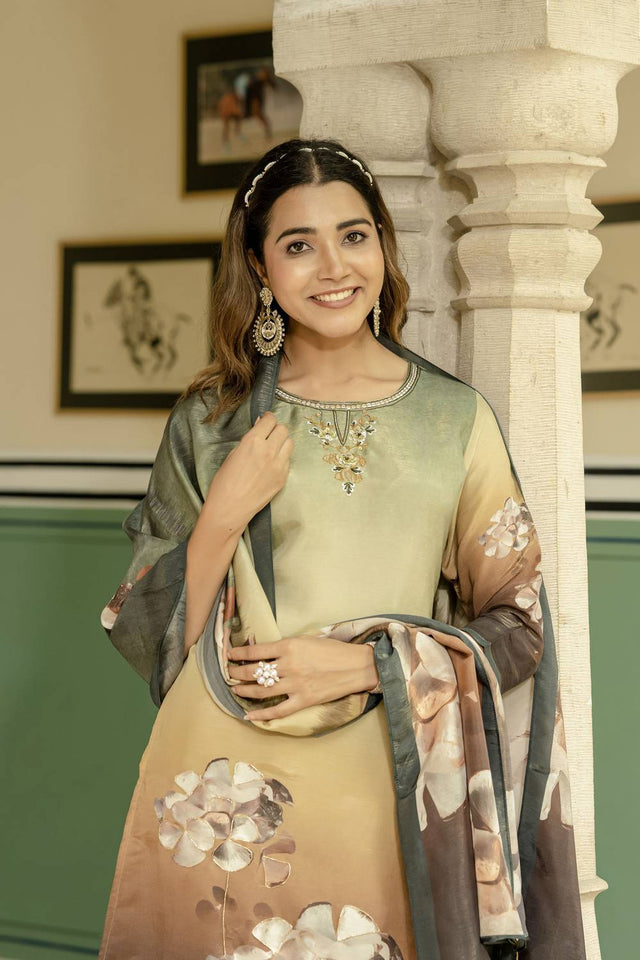 Green Floral Printed Silk Kurti Pant Set (ACA6944)
