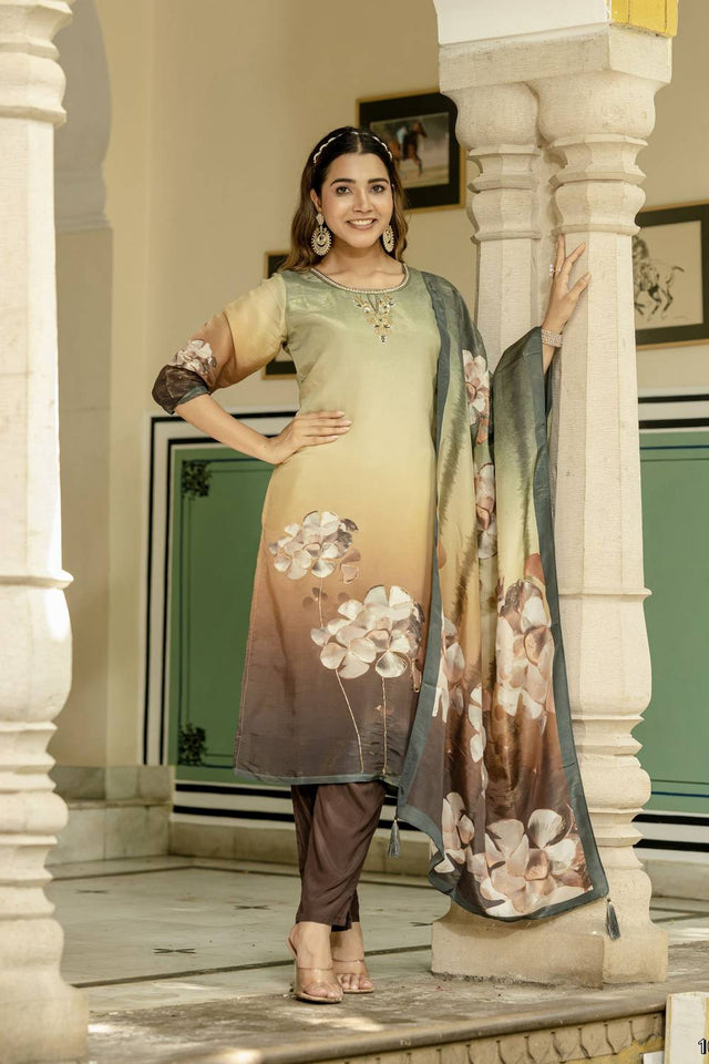 Green Floral Printed Silk Kurti Pant Set (ACA6944)