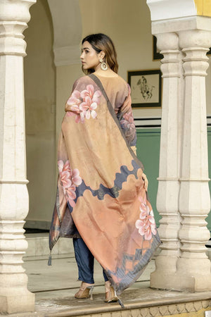 Peach Floral Printed Silk Kurti Pant Set (ACA6945)