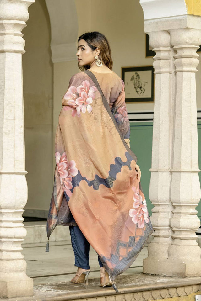 Peach Floral Printed Silk Kurti Pant Set (ACA6945)