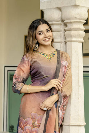 Peach Floral Printed Silk Kurti Pant Set (ACA6945)