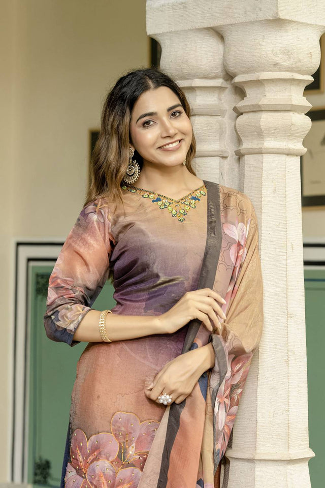 Peach Floral Printed Silk Kurti Pant Set (ACA6945)