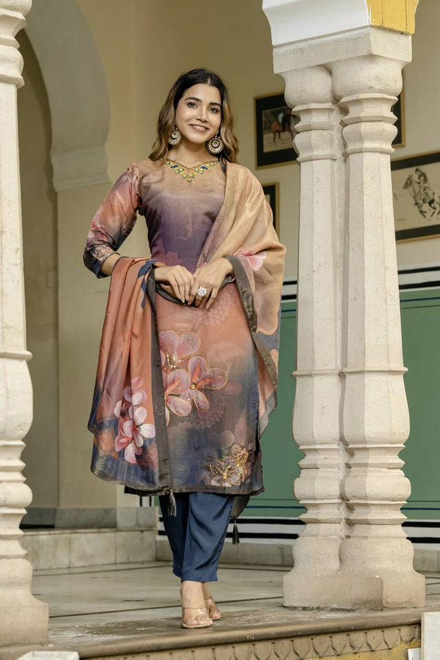 Peach Floral Printed Silk Kurti Pant Set (ACA6945)