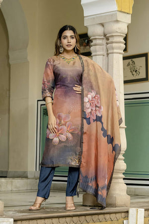Peach Floral Printed Silk Kurti Pant Set (ACA6945)