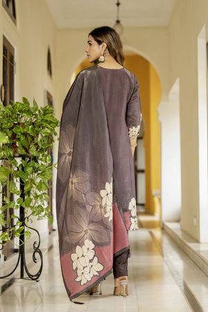 Brown Floral Printed Silk Kurti Pant Set (ACA6946)