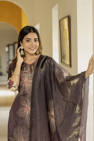 Brown Floral Printed Silk Kurti Pant Set (ACA6946)