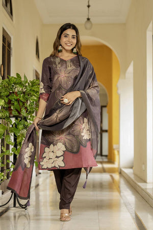 Brown Floral Printed Silk Kurti Pant Set (ACA6946)