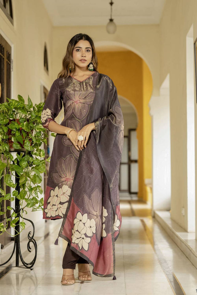 Brown Floral Printed Silk Kurti Pant Set (ACA6946)