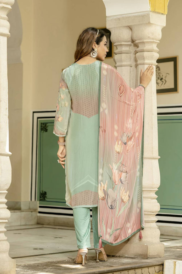 Sea Green Floral Printed Silk Kurti Pant Set (ACA6947)