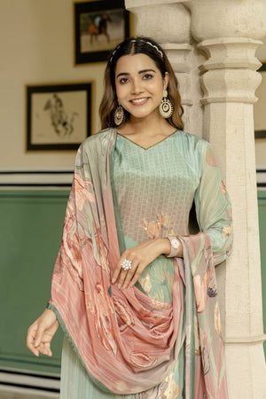 Sea Green Floral Printed Silk Kurti Pant Set (ACA6947)