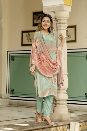 Sea Green Floral Printed Silk Kurti Pant Set (ACA6947)