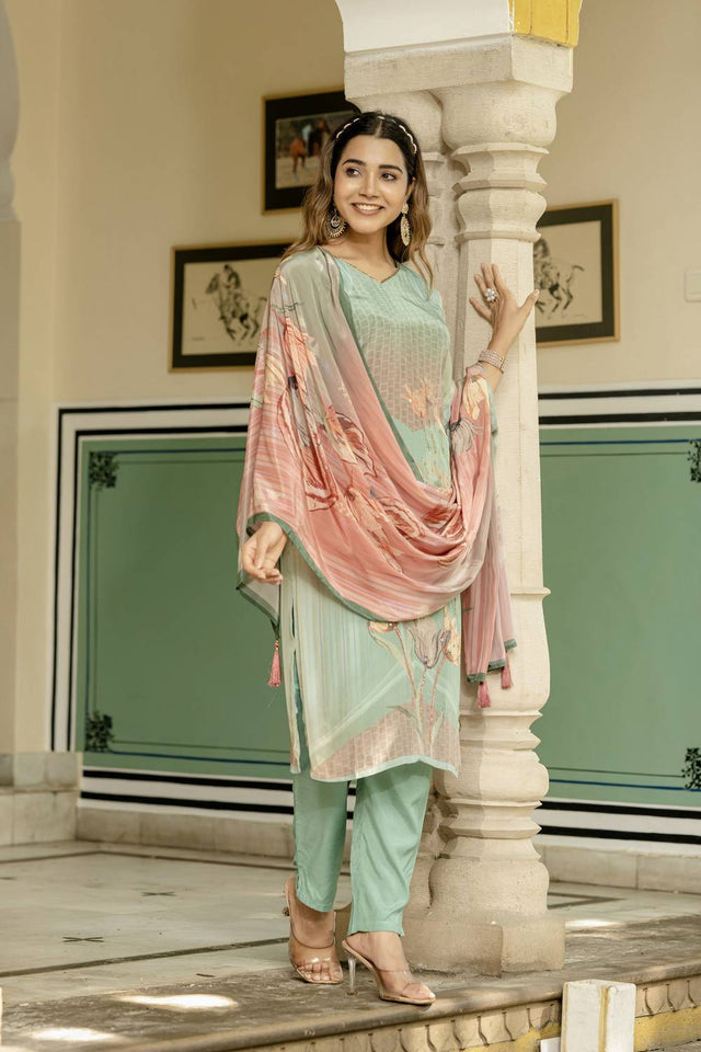 Sea Green Floral Printed Silk Kurti Pant Set (ACA6947)