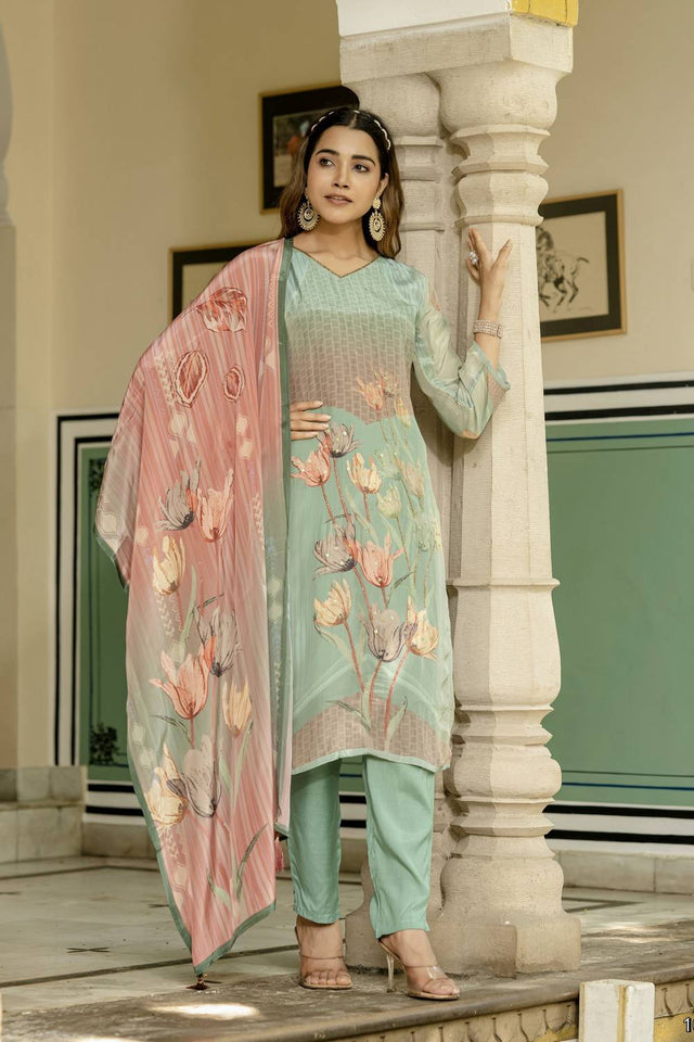 Sea Green Floral Printed Silk Kurti Pant Set (ACA6947)