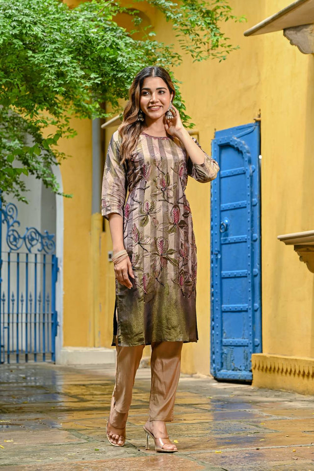 Green Sequin With Floral Printed  Silk Kurti Pant Set (ACA6948)