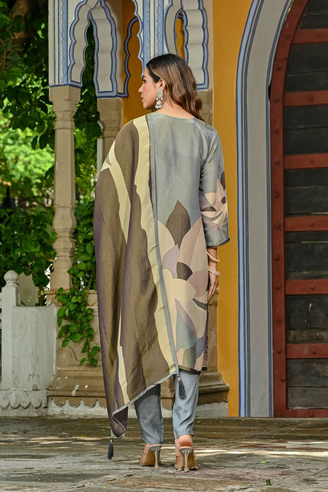 Grey Sequin With Floral Printed  Silk Kurti Pant Set (ACA6949)