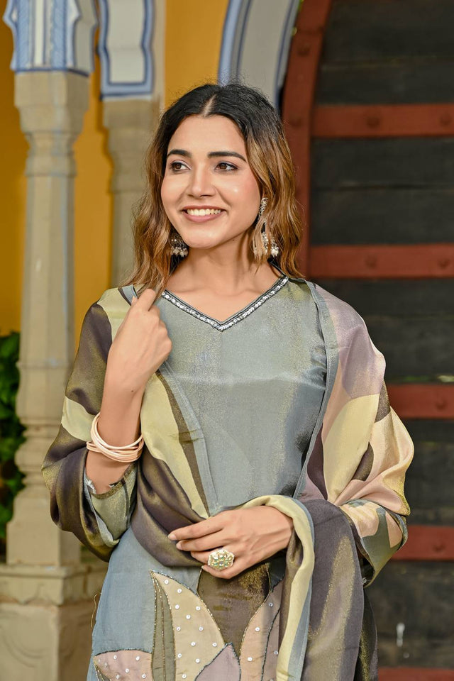 Grey Sequin With Floral Printed  Silk Kurti Pant Set (ACA6949)