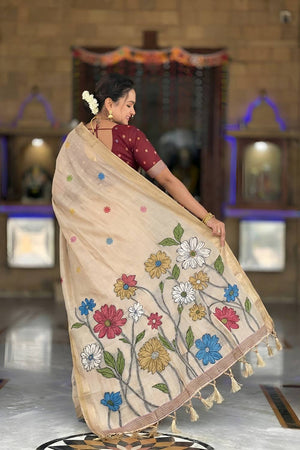 Cream Floral Woven Cotton Blend Saree (ACA6950)