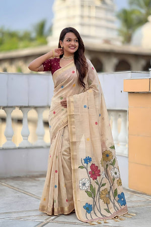 Cream Floral Woven Cotton Blend Saree (ACA6950)