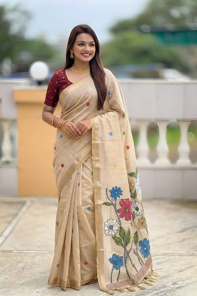Cream Floral Woven Cotton Blend Saree (ACA6950)