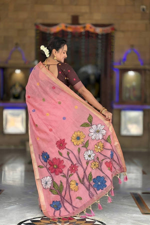 Pink Floral Woven Cotton Blend Saree (ACA6951)