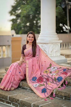 Pink Floral Woven Cotton Blend Saree (ACA6951)