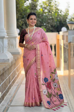 Pink Floral Woven Cotton Blend Saree (ACA6951)