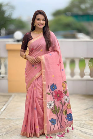 Pink Floral Woven Cotton Blend Saree (ACA6951)
