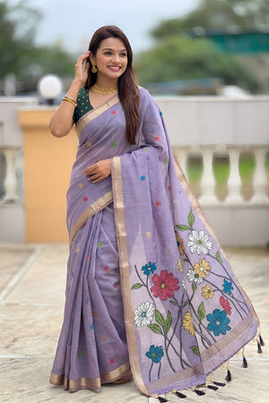 Lavender Floral Woven Cotton Blend Saree (ACA6952)