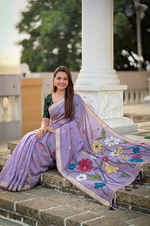 Lavender Floral Woven Cotton Blend Saree (ACA6952)