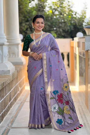 Lavender Floral Woven Cotton Blend Saree (ACA6952)