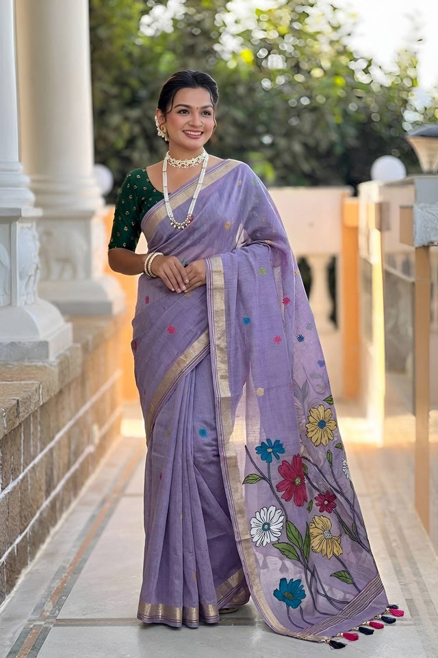 Lavender Floral Woven Cotton Blend Saree (ACA6952)