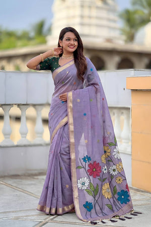 Lavender Floral Woven Cotton Blend Saree (ACA6952)
