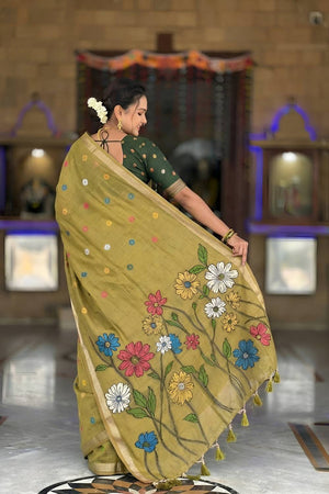 Mehendi Floral Woven Cotton Blend Saree (ACA6953)