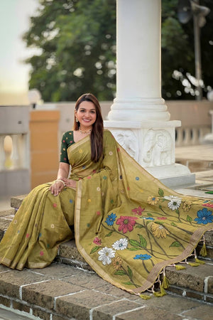 Mehendi Floral Woven Cotton Blend Saree (ACA6953)