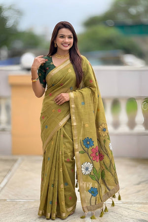 Mehendi Floral Woven Cotton Blend Saree (ACA6953)