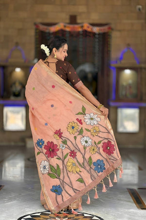Peach Floral Woven Cotton Blend Saree (ACA6954)