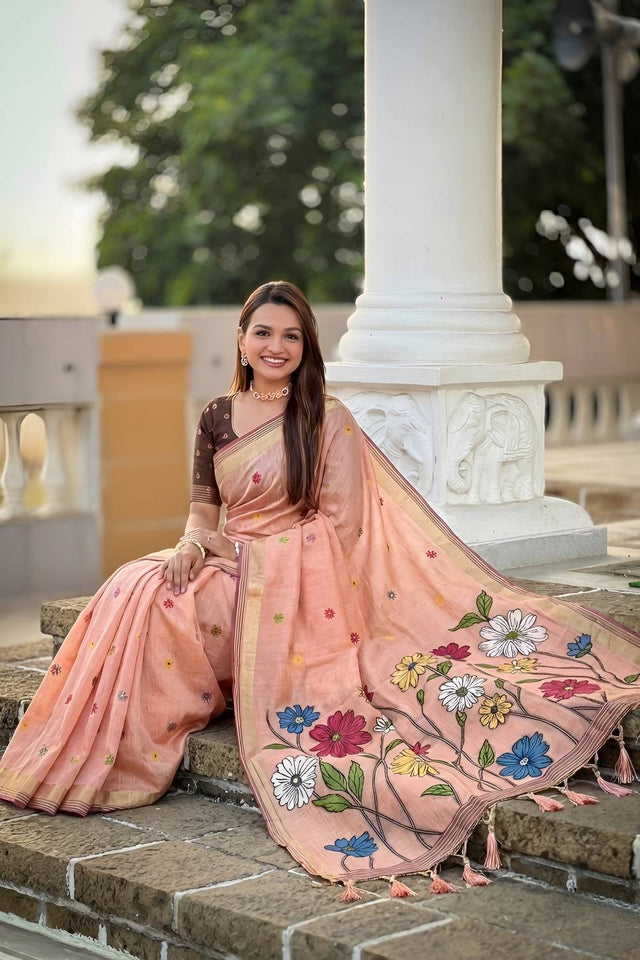 Peach Floral Woven Cotton Blend Saree (ACA6954)