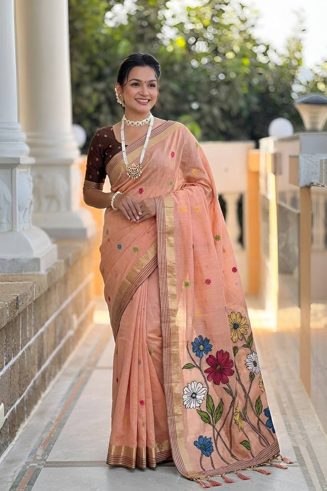 Peach Floral Woven Cotton Blend Saree (ACA6954)